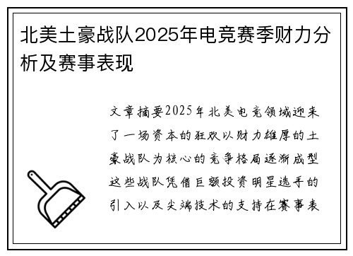 北美土豪战队2025年电竞赛季财力分析及赛事表现